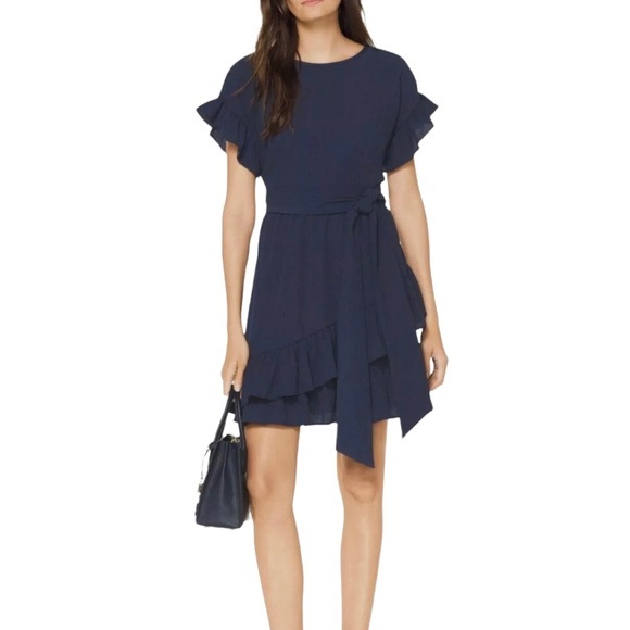 Michael Kors Dresses & Skirts - Michael Kors Navy blue Crinkle Gauze Ruffle Wrap Belted Dress Flutter Sleeve Med